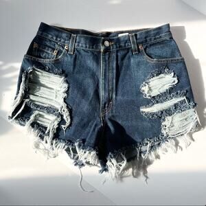 Vintage Levi’s Jean Shorts 30" Custom Distressed‎ High Rise Blue Denim Dark Wash